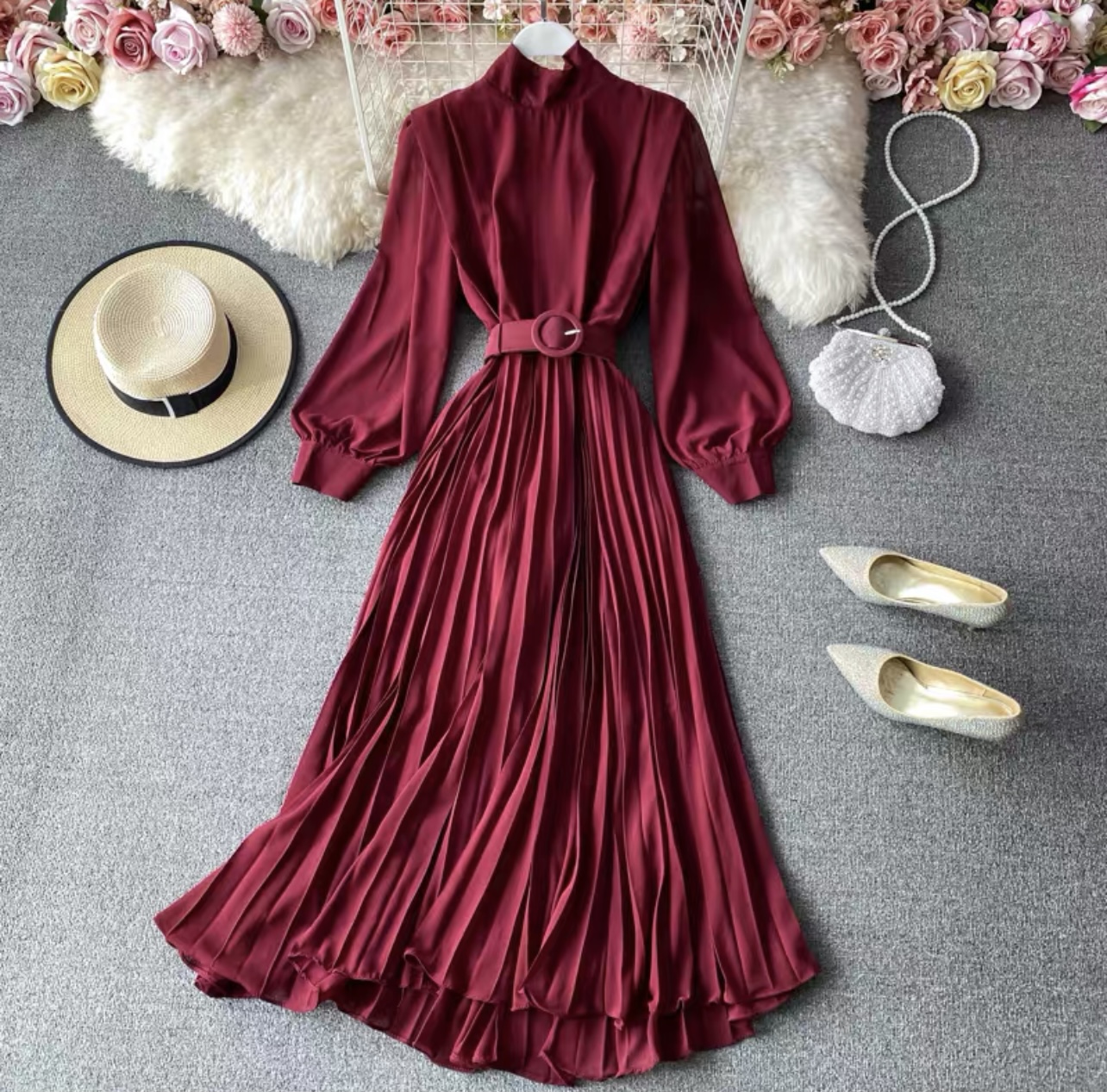 She works hard for the money pleat dress & belt FD4 images
